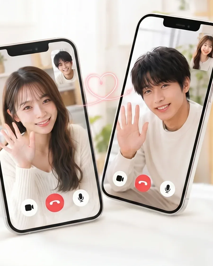 スマホのビデオ通話で手を振り合う男女のイメージ（AI生成）