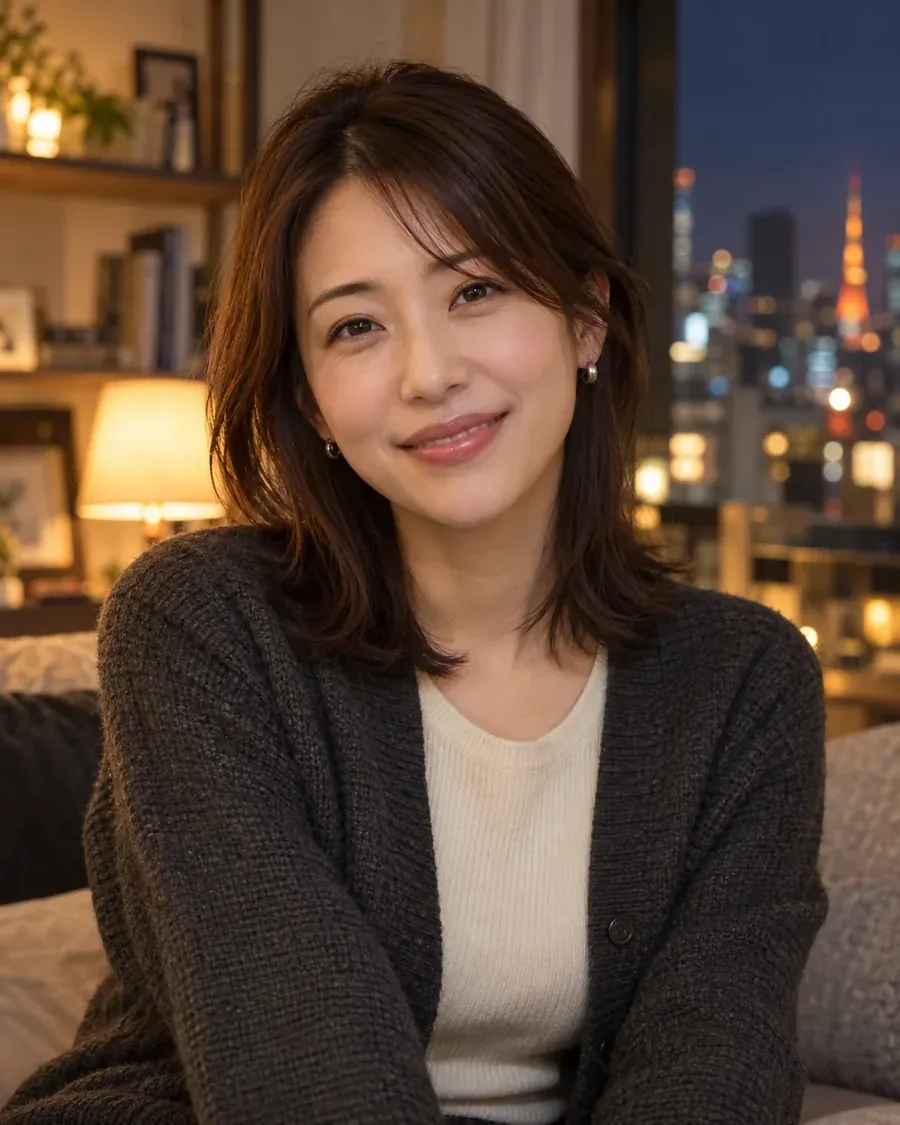 夜景の見える部屋でスマホ越しに会話を楽しむ女性のイメージ（AI生成）