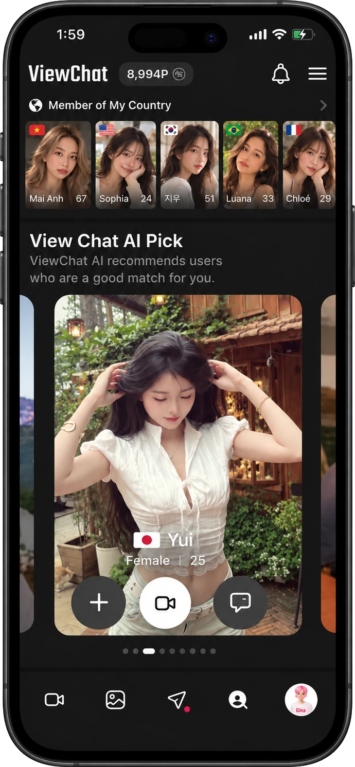 ViewChatのアプリ画面。国旗つきのメンバー一覧と、おすすめの人のカード（ビデオ通話・メッセージのボタンつき）