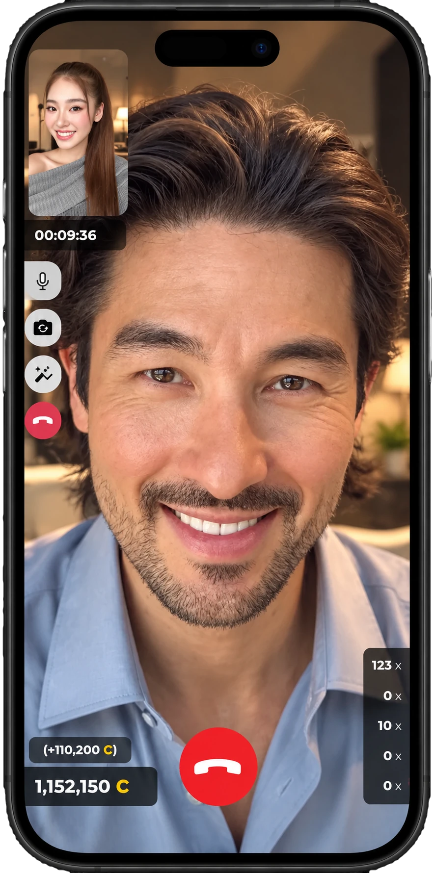 ViewChatのビデオ通話画面。相手が大きく映り、自分の映像が左上に小さく表示されている